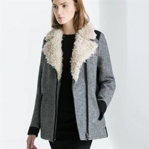 Zara Wool Moto Jacket With Faux Sherpa Collar Zip Up Gray Grey Black Zip Accents